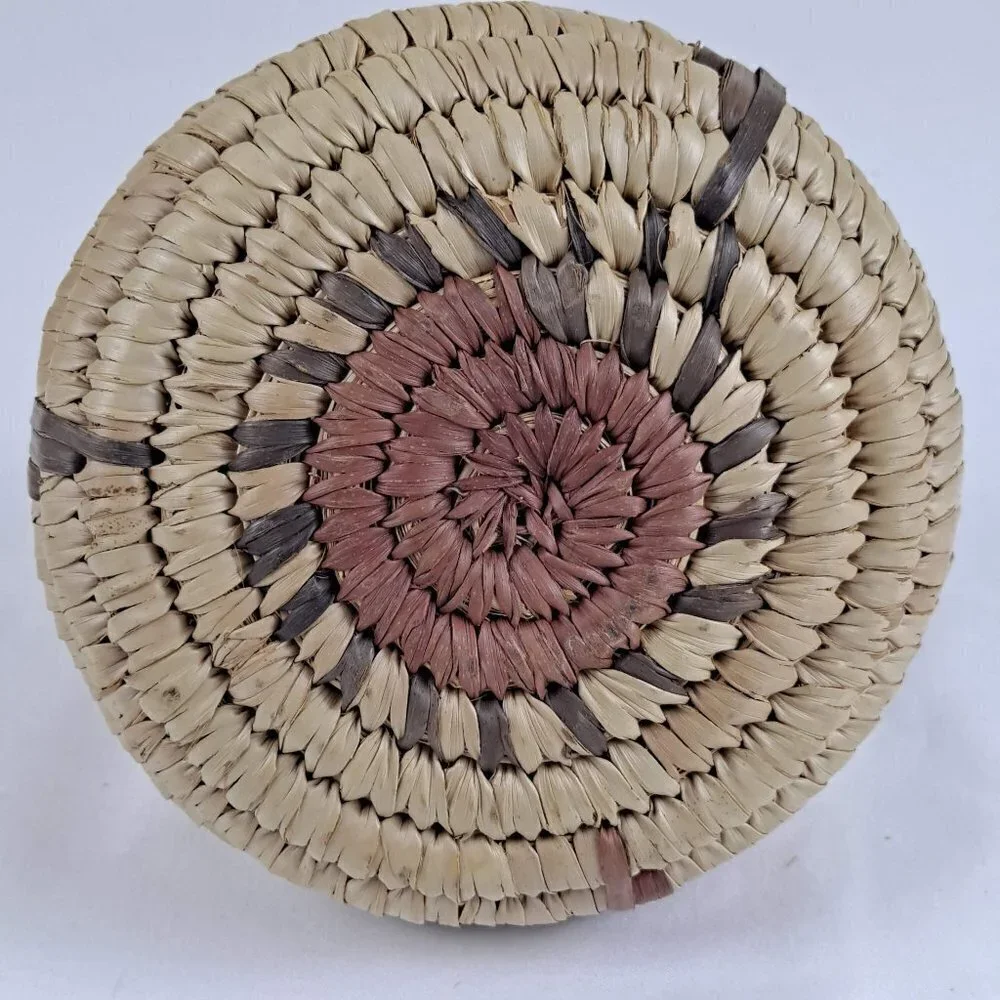 Handmade Woven Basket with Lid Tan and Brown Trinkets Jewelry Holder Etc